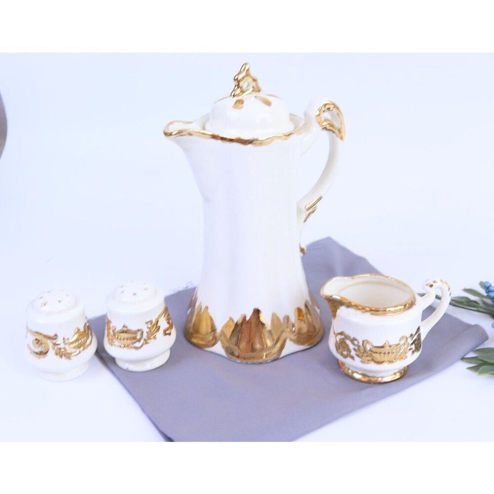Charming Vintage Chocolate Teapot Creamer And Salt/Pepper Shakers Gold And Cream
